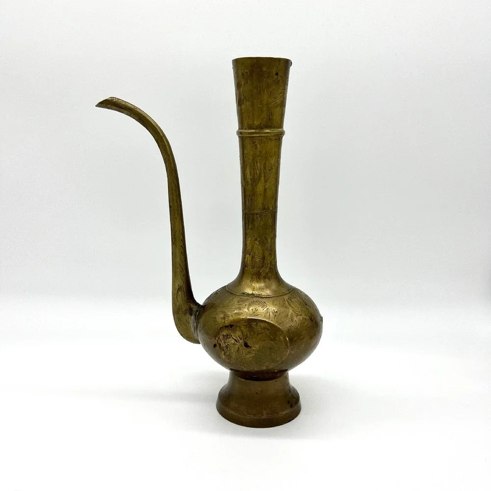 Etched Brass Vase Pitcher Coffee Vintage Floral Design Home Decor 10